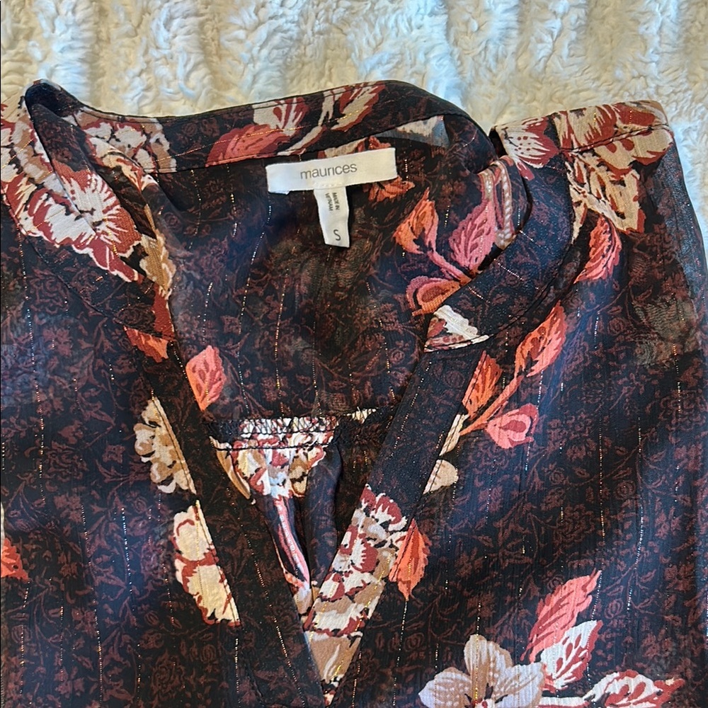 Floral Sheer Brown and Burgundy Women's Top - Picture 2 of 3